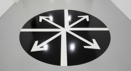 Abstract Compass Design: Directional Arrows on a Shiny Black Oval Floor Graphic