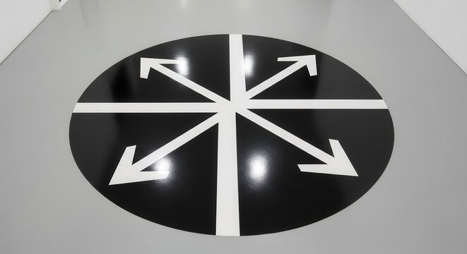 Abstract Compass Design: Directional Arrows on a Shiny Black Oval Floor Graphic