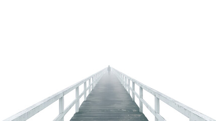 A long wooden pier or walkway extends into the distance with white railings on a dark void