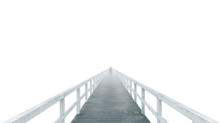 A long wooden pier or walkway extends into the distance with white railings on a dark void