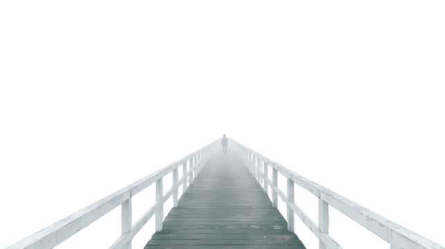 A long wooden pier or walkway extends into the distance with white railings on a dark void