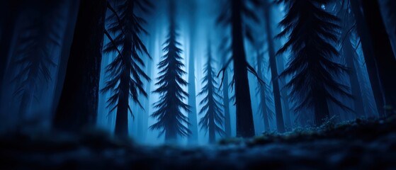 Mysterious Blue Forest with Misty Pine Trees at Twilight