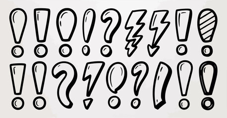 This image showcases a collection of diverse doodled shapes, including exclamation marks, question marks, and lightning symbols, emphasizing creativity and expression.