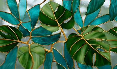 Fototapeta premium Stained Glass Monstera Leafs Stained Glass With gold lining Floral Artful Aesthetic 3d effect