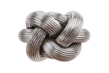 Knotted, silver, ribbed cord forms a complex, tight shape