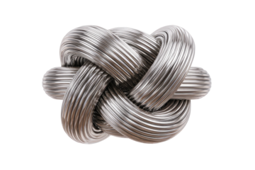 Knotted, silver, ribbed cord forms a complex, tight shape