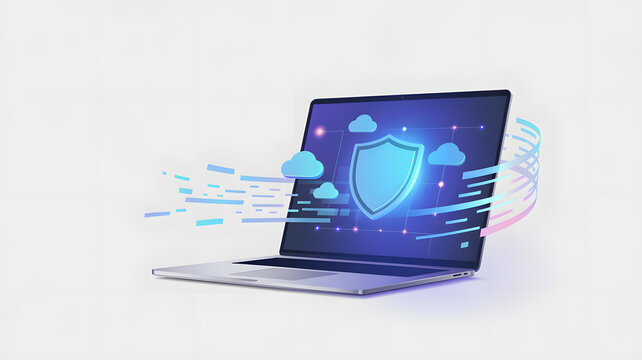 Laptop with security shield and cloud icons isolated on white background, representing data protection and cybersecurity in the digital age