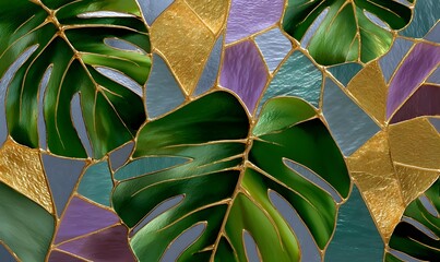 Stained Glass Monstera Leafs Stained Glass With gold lining Floral Artful Aesthetic 3d effect