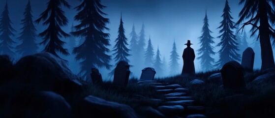 Mysterious Silhouette in a Foggy Forest Graveyard at Night
