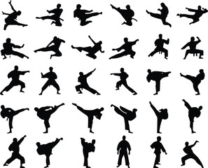 Silhouette collection of martial arts fighters performing dynamic kicks, punches, and combat stances, showcasing karate, taekwondo, self-defense moves, training action poses