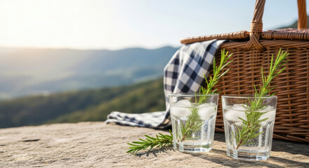Refreshing rosemary infused drinks with ice in glasses on a stone ledge during a sunny outdoor picnic, featuring a wicker basket and mountain views.