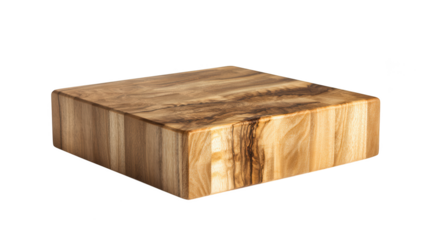 A solid thick square wooden chopping block with unique grain patterns on a black surface