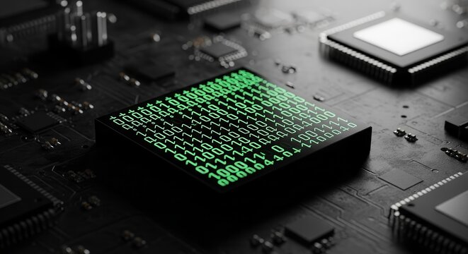 Abstract Digital Circuit Board Displaying Binary Code In Modern Technological Context
