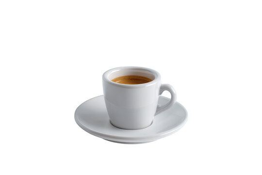 A small white espresso cup filled with dark roasted coffee and a matching saucer