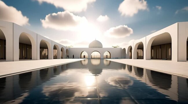 Architectural marvel and tranquil reflections, a modern white mosque with serene waterscapes