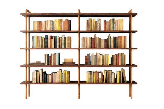 A tall wooden bookshelf filled with various old books stands neatly organized against a simple dark background
