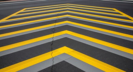 Abstract Road Marking with Bright Yellow and Grey Chevron Design On Asphalt