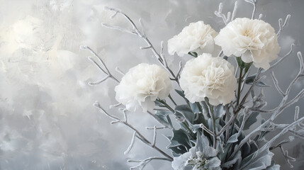 Winter floral composition with frosted white flowers and icy branches