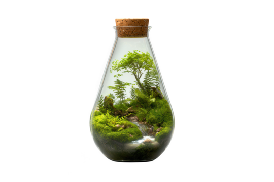 A vibrant green miniature forest with a flowing stream exists within an elegant teardrop shaped glass flask