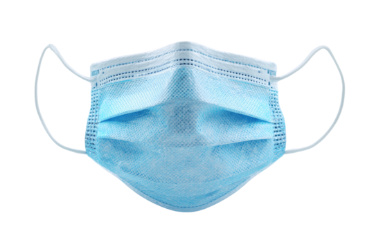 Light blue disposable face mask against black background