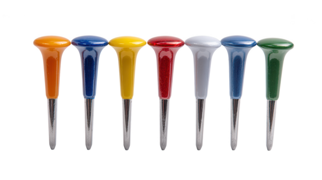 A vibrant line of seven colorful golf tees stands upright against a dark black background - Powered by Adobe