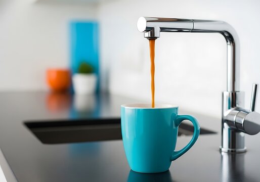 Freshly brewed coffee pouring from a tap into a blue ceramic mug