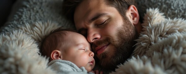 Father and newborn baby sleep peacefully together in bed. Man rests head on infant chest. Peaceful family bonding, tender moment under soft blanket. New parent bond.