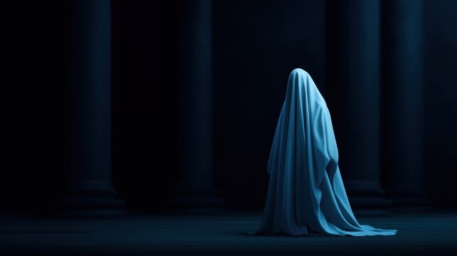 Mysterious Blue Draped Figure in a Somber Architectural Setting - Powered by Adobe
