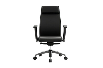 Fototapeta premium Front view of black leather office chair, chrome base