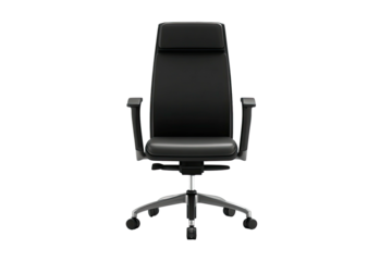 Front view of black leather office chair, chrome base