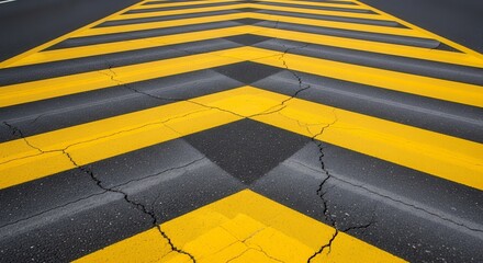 Abstract Geometric Road Surface With Yellow Chevron Markings And Cracked Asphalt Detailing