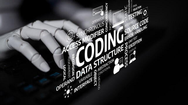A robotic hand types on a keyboard, surrounded by programming terms and concepts. This image illustrates the intersection of technology and automation in modern coding practices. Tessel