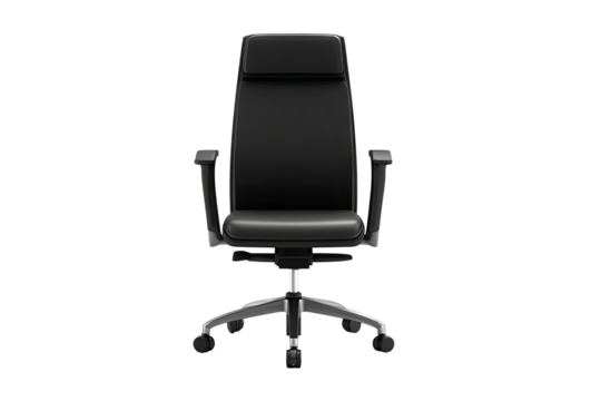 Front view of black leather office chair, chrome base