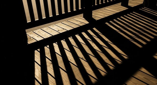 Abstract Sunlight Patterns Cast Striking Shadows Across Wooden Decking Structure