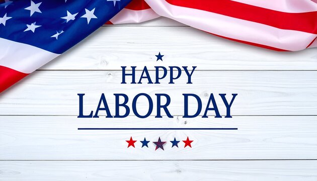 Labor Day greeting with American flag background and text on a white wooden surface