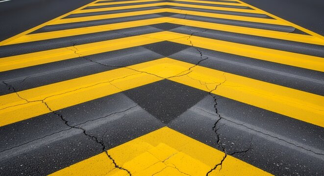 Abstract Geometric Road Surface With Yellow Chevron Markings And Cracked Asphalt Detailing - Powered by Adobe