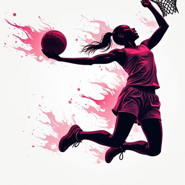 Woman jumping to dunk ball in basketball net. Athletic female player silhouette scores in hoop. Active sport concept. Generative AI illustration shows basketballer doing slam dunk at pink background.