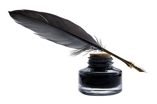 An antique black feather quill pen with a gold nib rests upon a clear glass inkwell