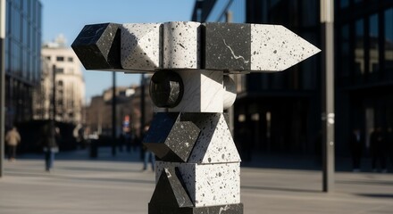 Abstract Geometric Sculpture Against A Blurred City Backdrop During Daylight Hours