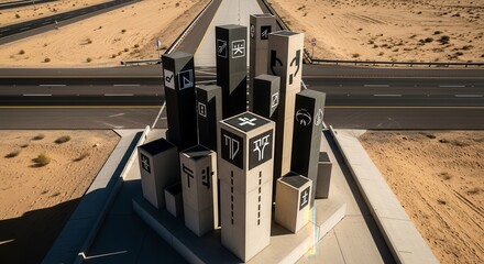 Abstract Geometric Sculpture Near Roadway Amidst Desert Landscape With Symbolic Design