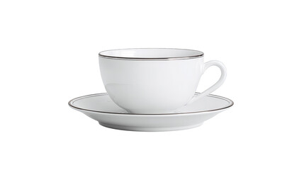 An elegant white teacup and matching saucer with a subtle brown rim detail against a dark background