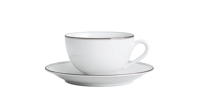 An elegant white teacup and matching saucer with a subtle brown rim detail against a dark background