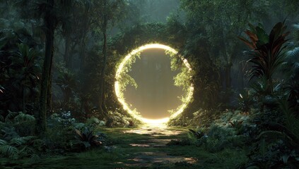 Vibrant photo of magical portal in the forest with glowing light and lush green trees