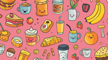 Seamless kawaii breakfast pattern with croissants, drinks, and smiling food on pink background