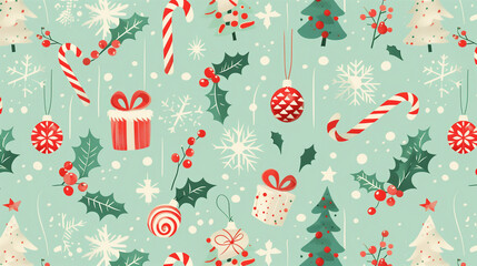 Festive seamless Christmas pattern with holly, candy canes, snowflakes, and gift boxes