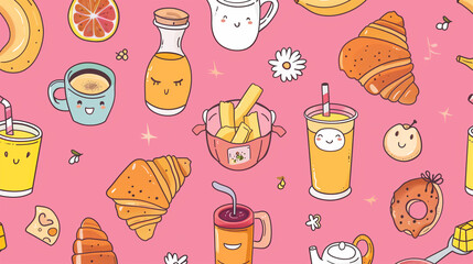 Seamless kawaii breakfast pattern with croissants, drinks, and smiling food on pink background