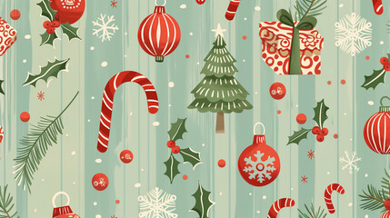 Festive seamless Christmas pattern with holly, candy canes, snowflakes, and gift boxes