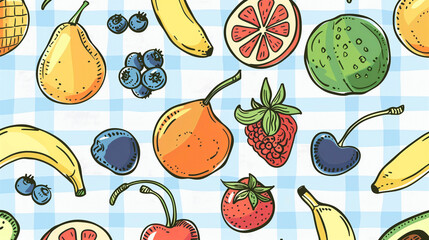 Seamless pattern of colorful hand-drawn fruits over blue gingham background in playful style