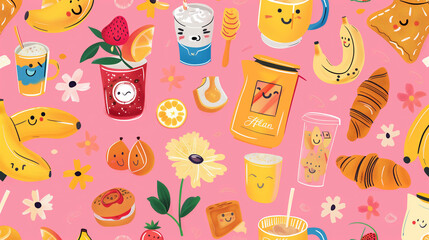 Seamless kawaii breakfast pattern with croissants, drinks, and smiling food on pink background
