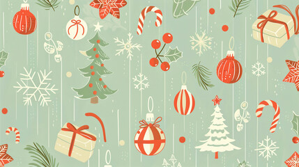Festive seamless Christmas pattern with holly, candy canes, snowflakes, and gift boxes